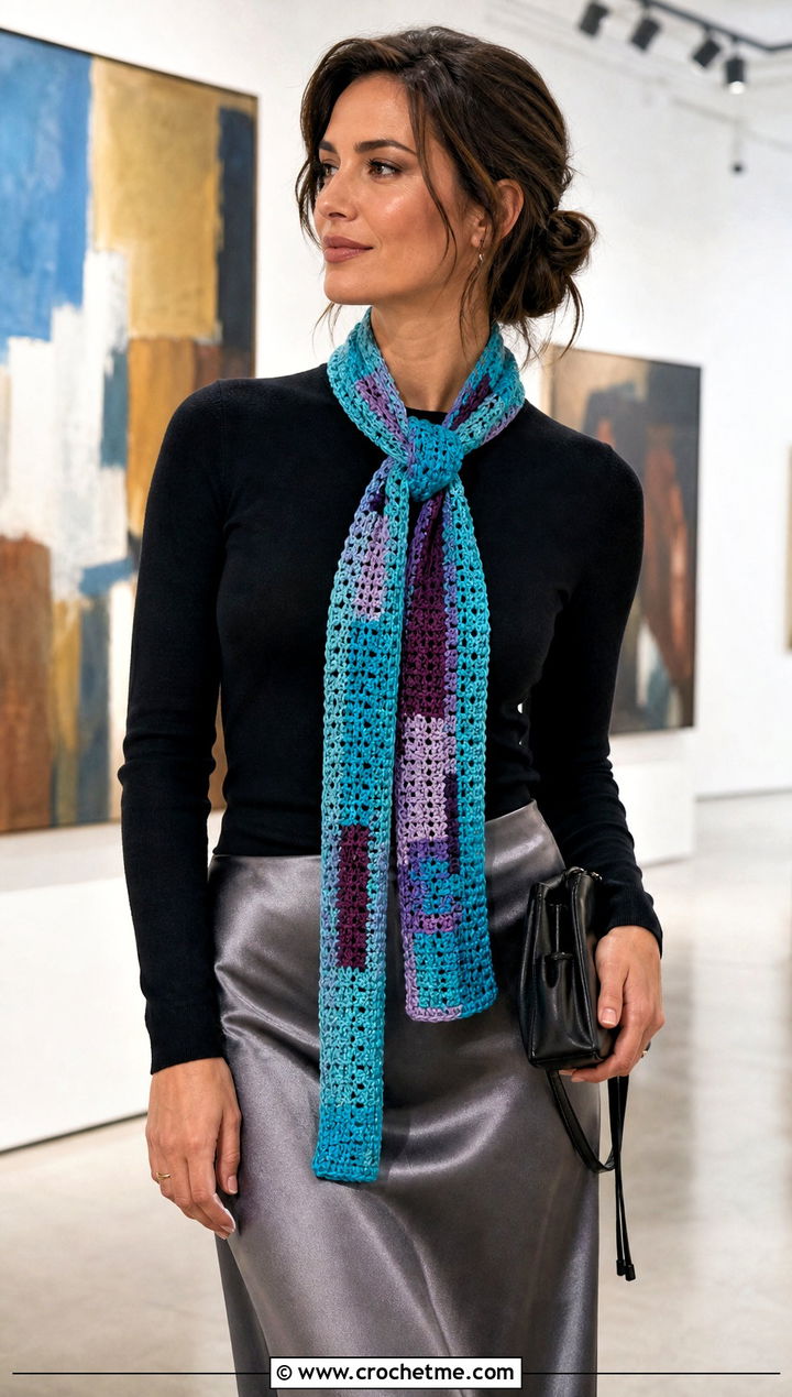 Long Skinny Crochet Crayon Scarf With Satin Slip Skirt - 15 Crochet Crayon Scarf outfit ideas