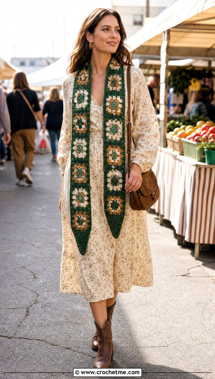Long Skinny Granny Square Scarf With Floral Dress And Western Boots - 35 granny square crochet scarf outfit ideas