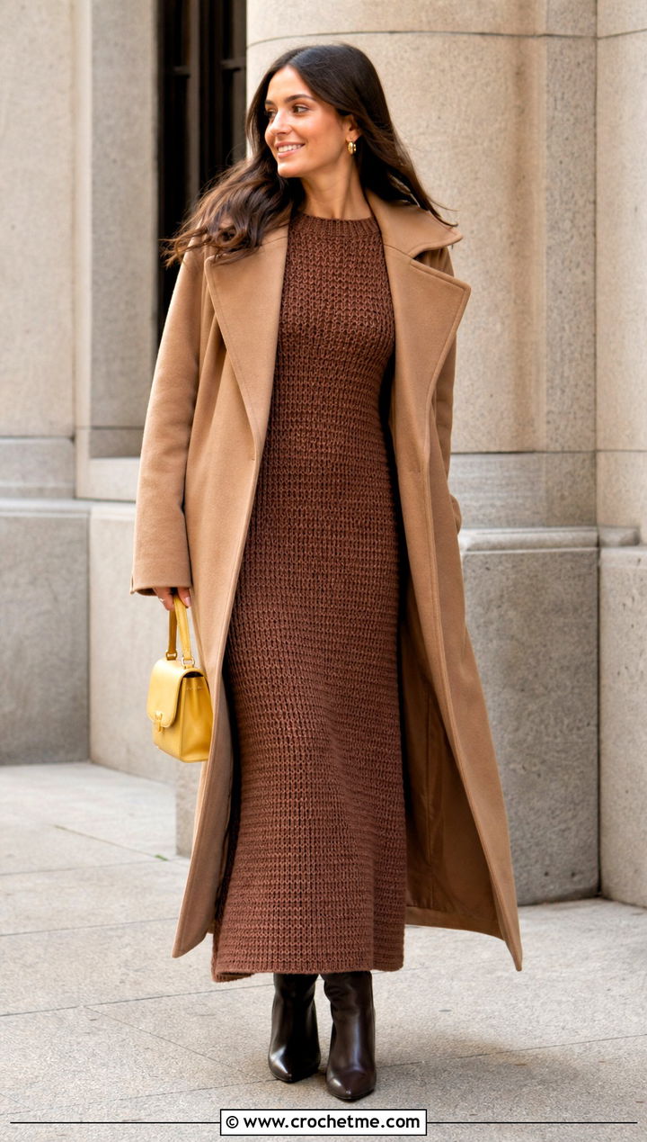 Long Sleeve Brown Crochet Maxi Dress With Knee High Boots - 20 brown crochet maxi dress outfit ideas