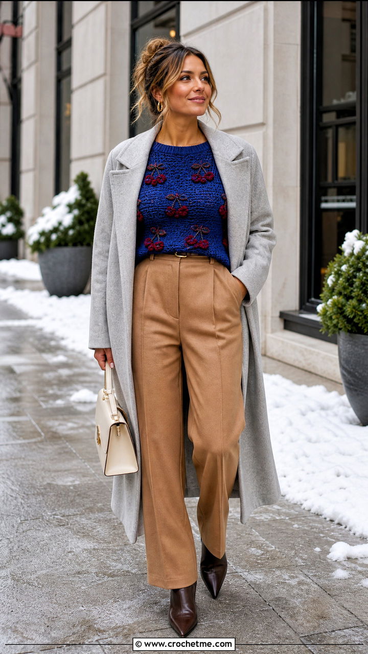 Long Sleeve Cherry Crochet Top With Wool Trousers - 35 crochet cherry top outfit ideas