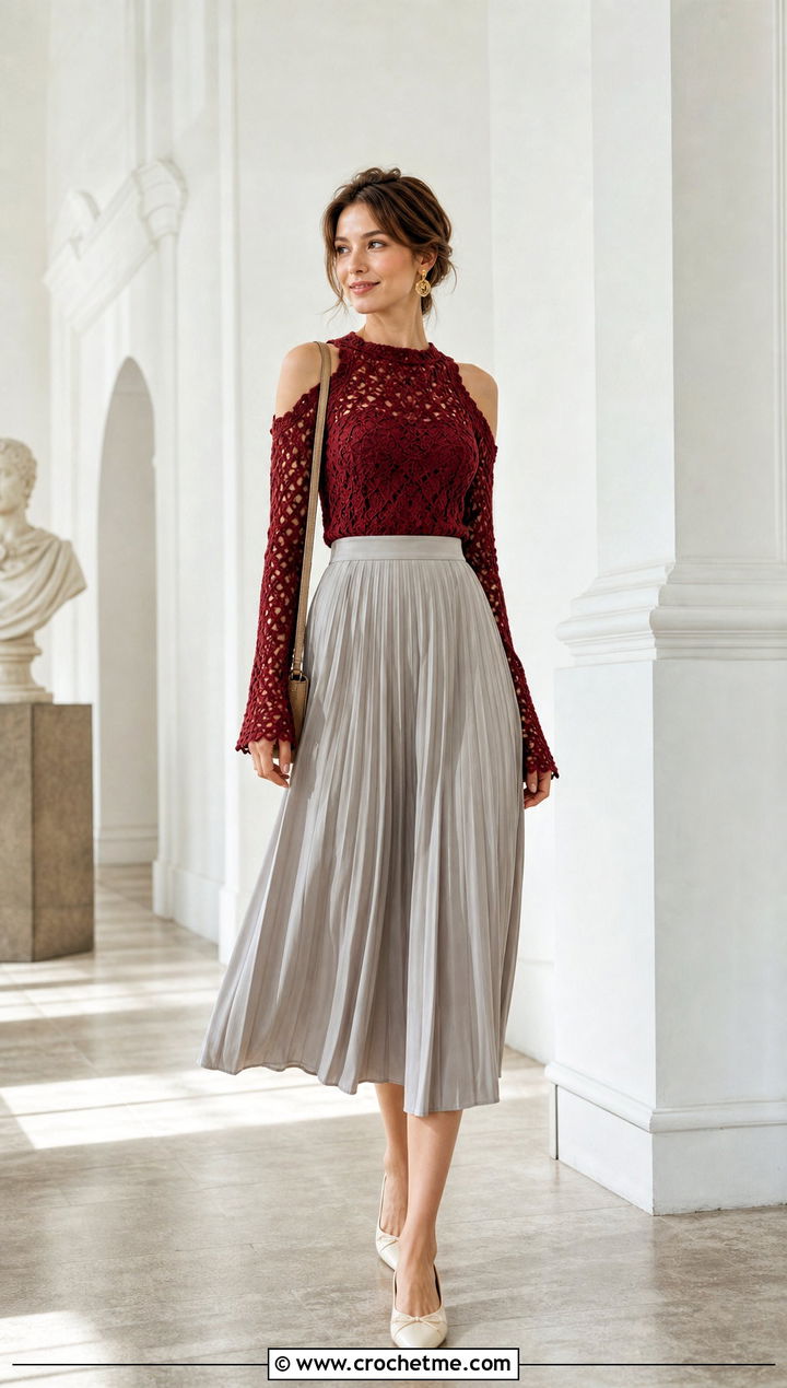 Long Sleeve Cold Shoulder Crochet Top With Pleated Midi Skirt - 25 Cold Shoulder Crochet Top outfit ideas
