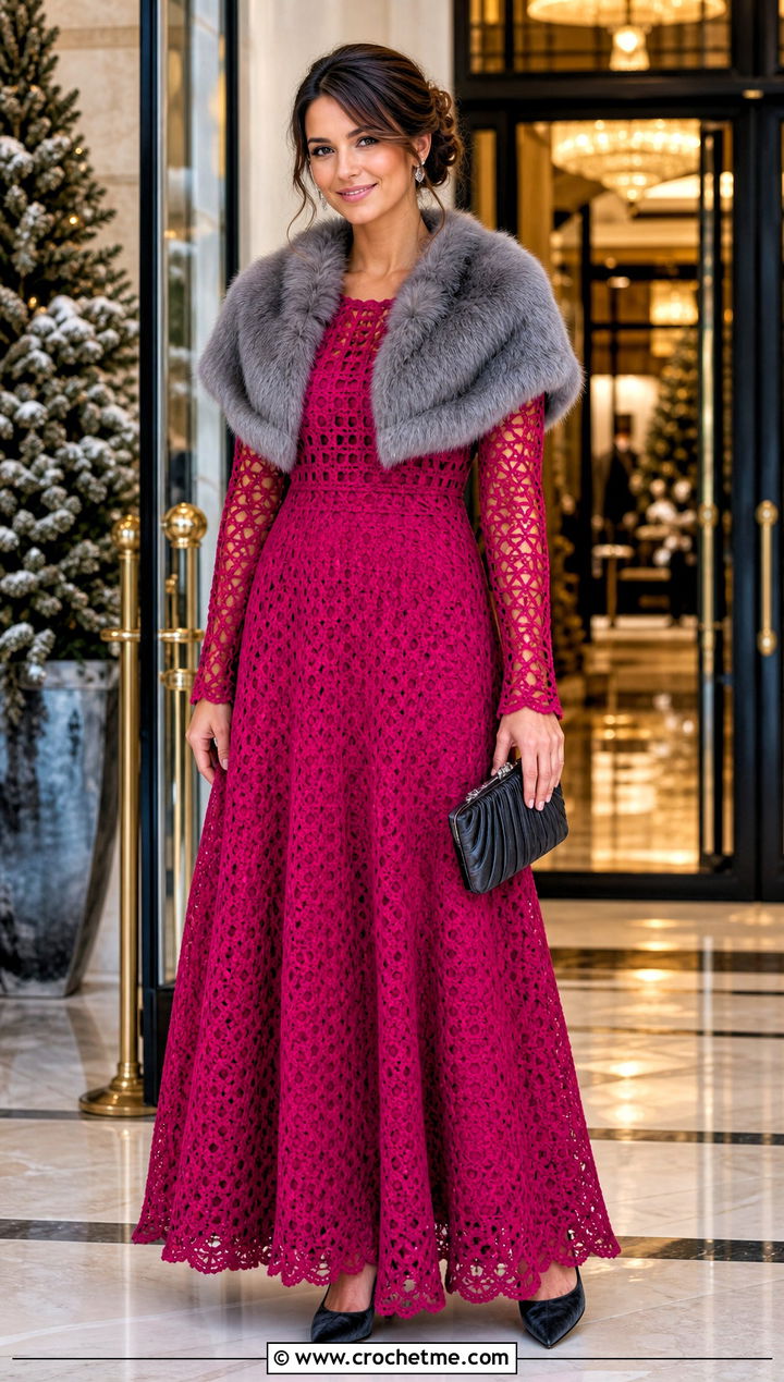 Long Sleeve Crochet Ball Gown With Faux Fur Stole - 20 Crochet Ball Gown outfit ideas