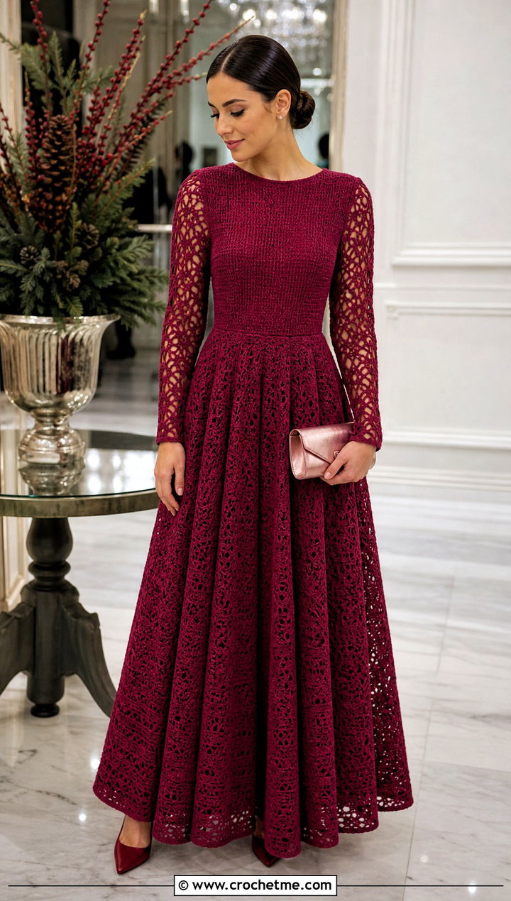 Long Sleeve Crochet Ball Gown With Satin Clutch - 30 crochet ball gown dress outfit ideas