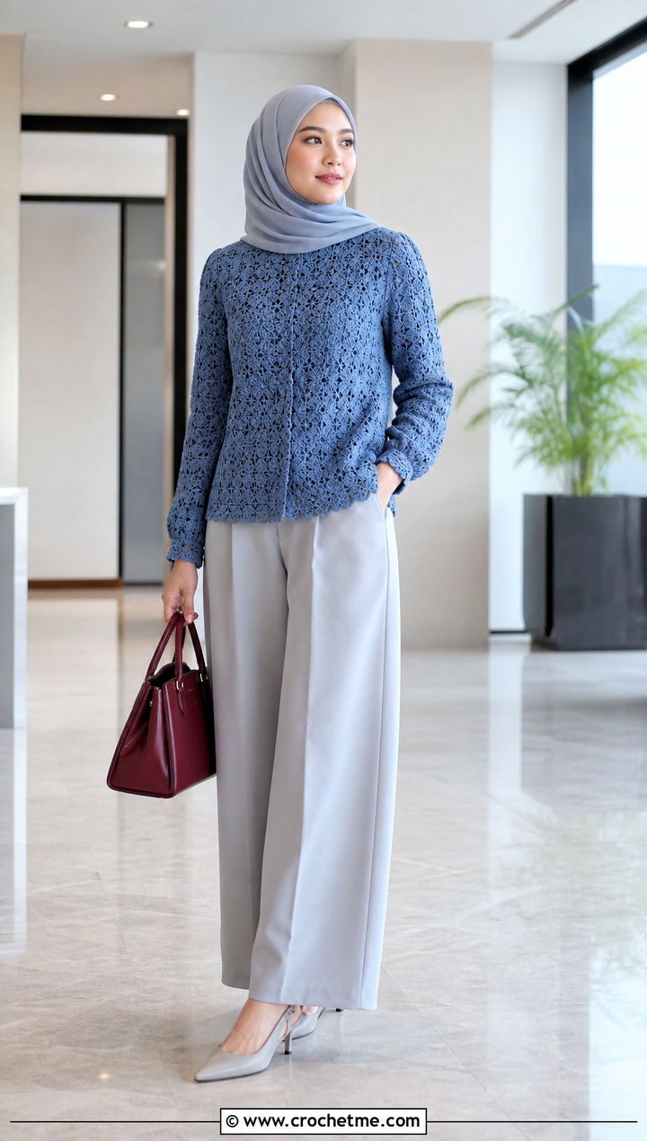 Long Sleeve Crochet Blouse With Tailored Trousers - 20 crochet top hijabi outfit ideas