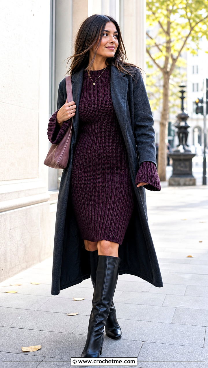Long Sleeve Crochet Bodycon Dress With Leather Boots - 15 Diy Crochet Dress Ideas