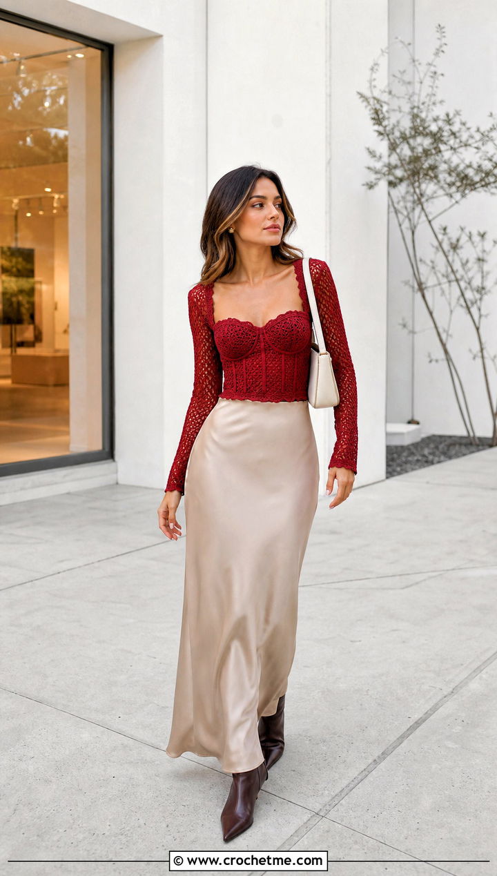 Long Sleeve Crochet Bustier With Slip Skirt - 30 crochet bustier outfit ideas