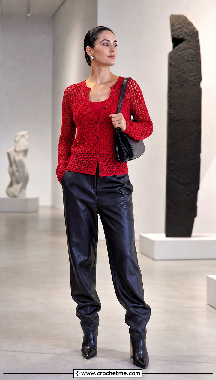 Long Sleeve Crochet Button Top With Leather Pants - 30 crochet button top outfit ideas