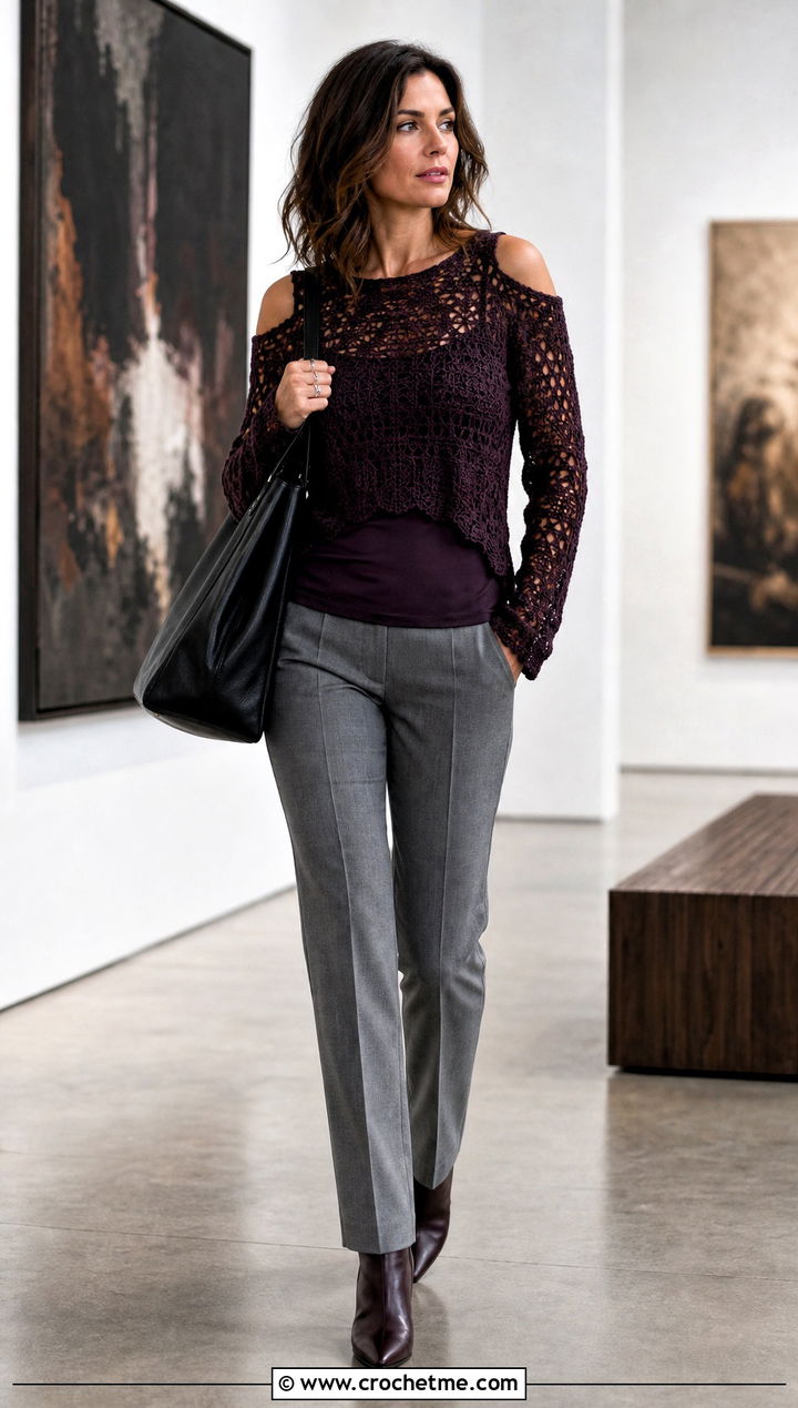 Long Sleeve Crochet Cold Shoulder Top With Suit Trousers - 35 crochet cold shoulder top outfit ideas