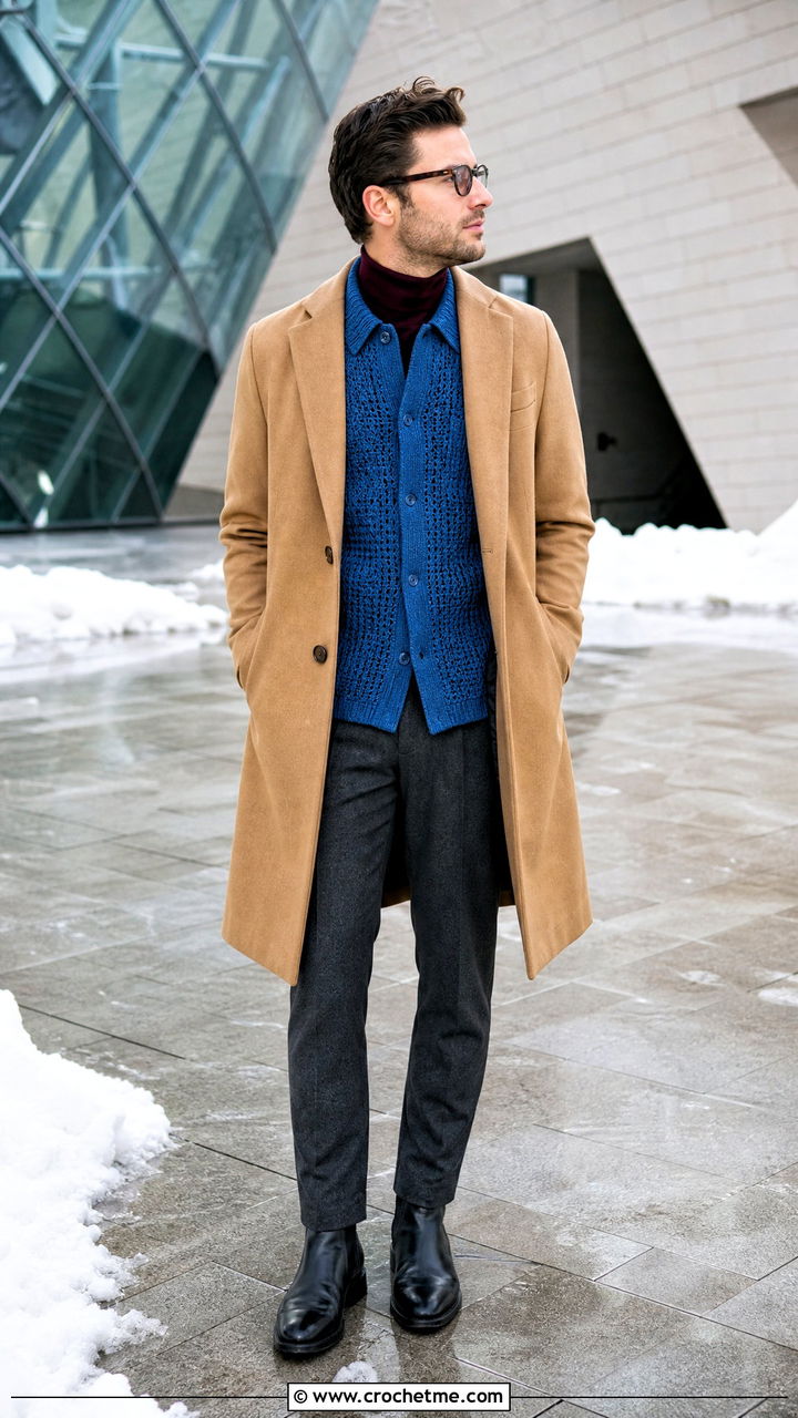 Long Sleeve Crochet Collared Shirt With Overcoat - 35 mens crochet shirt outfit ideas