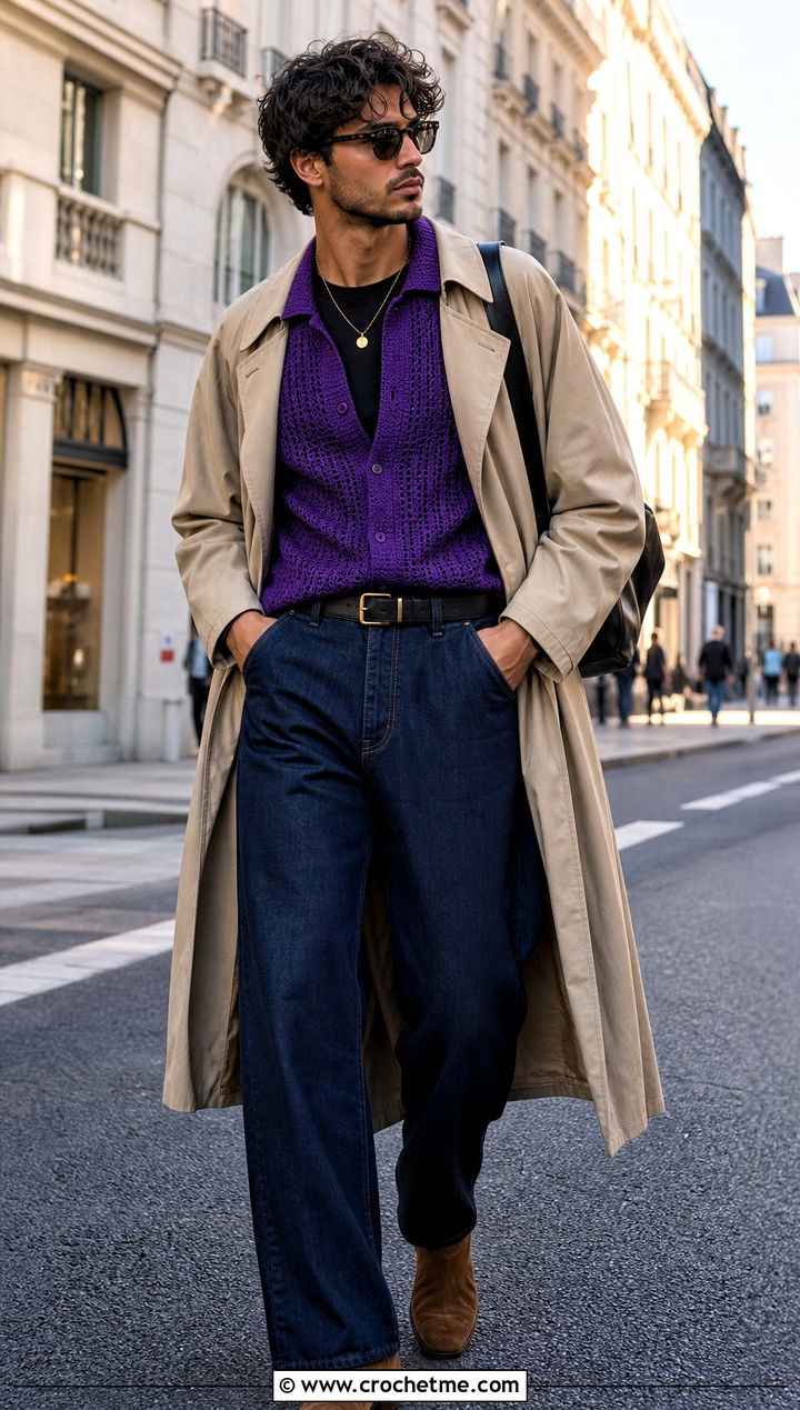 Long Sleeve Crochet Collared Shirt With Wide Leg Jeans - 15 Mens Crochet Collared Shirt outfit ideas