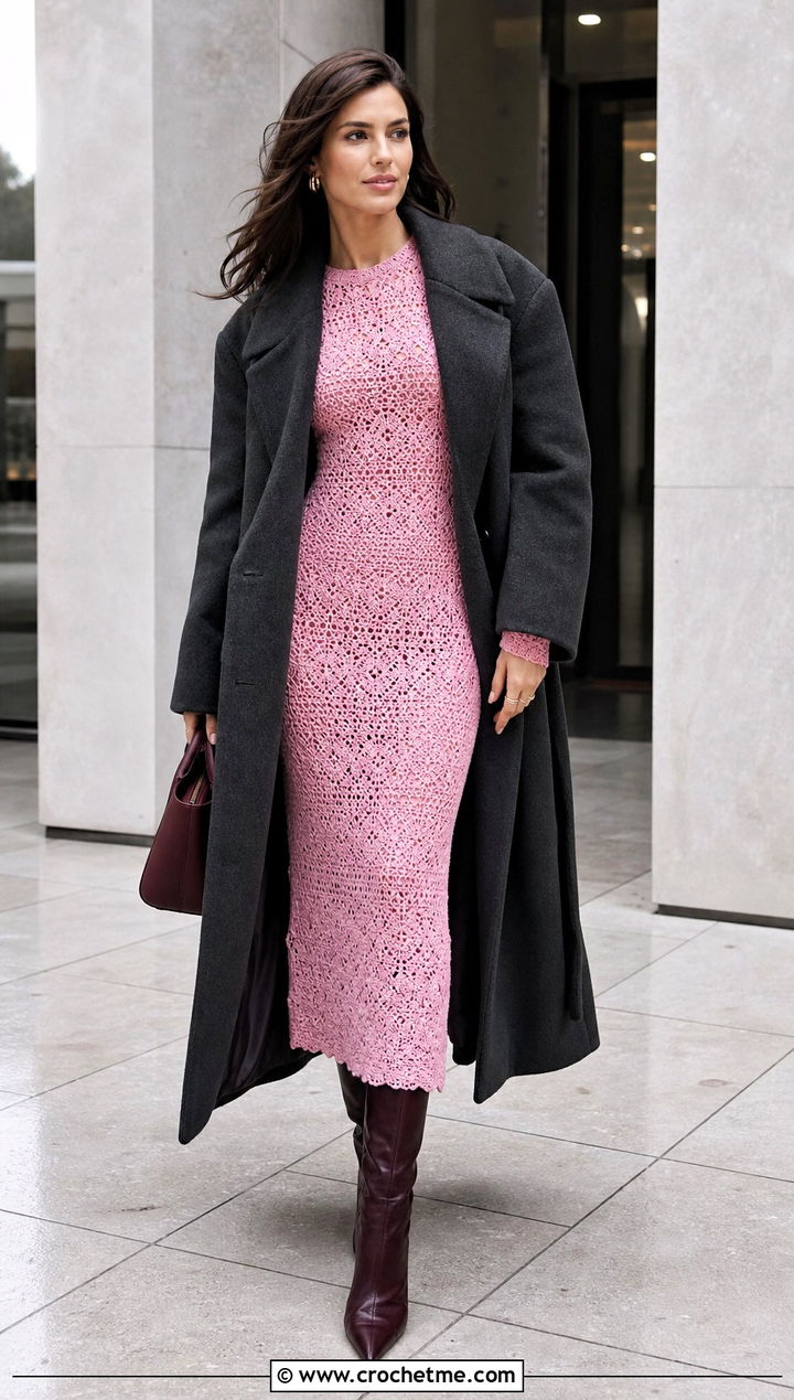 Long Sleeve Crochet Column Dress With Wool Coat - 20 elegant crochet dress outfit ideas