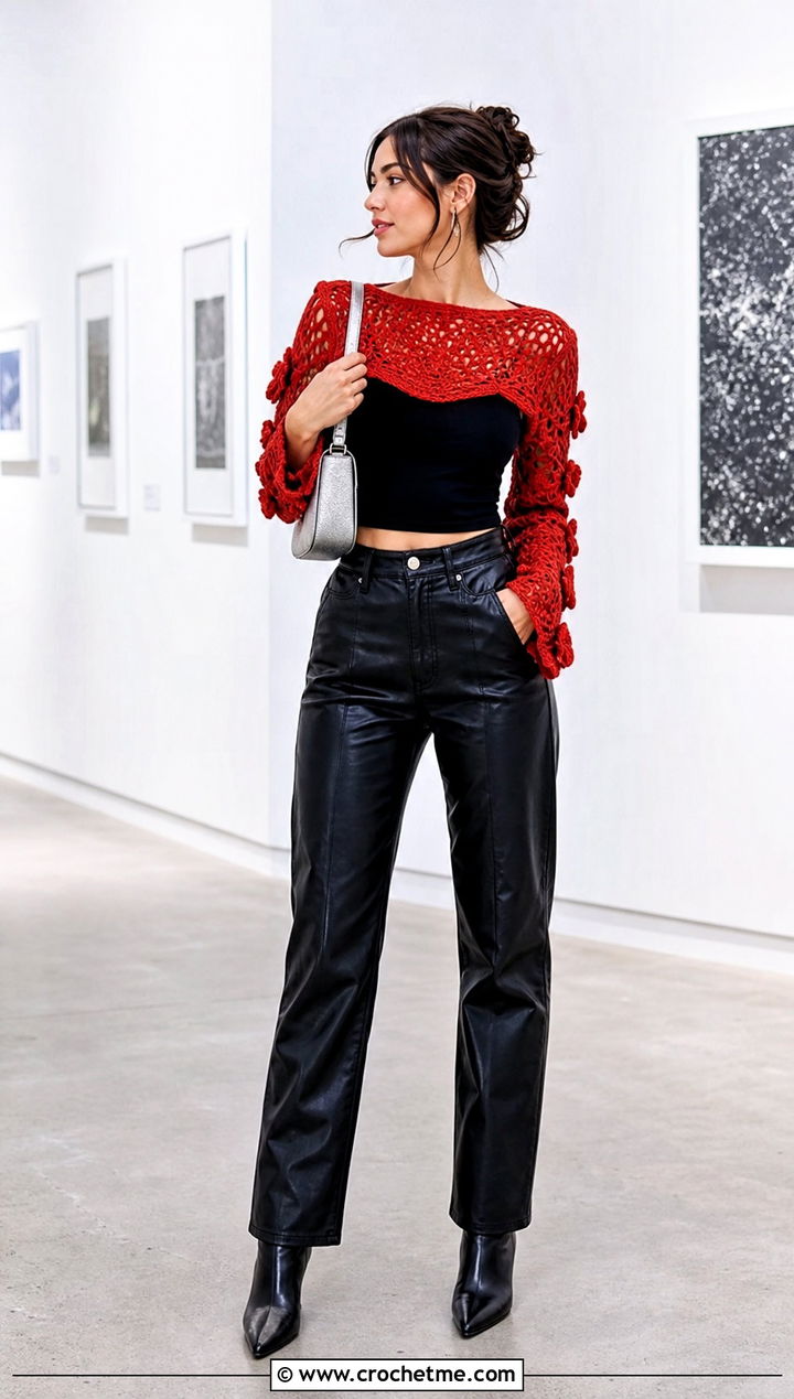Long Sleeve Crochet Crop Top With Leather Pants - 25 Easy Crochet Crop Top outfit ideas