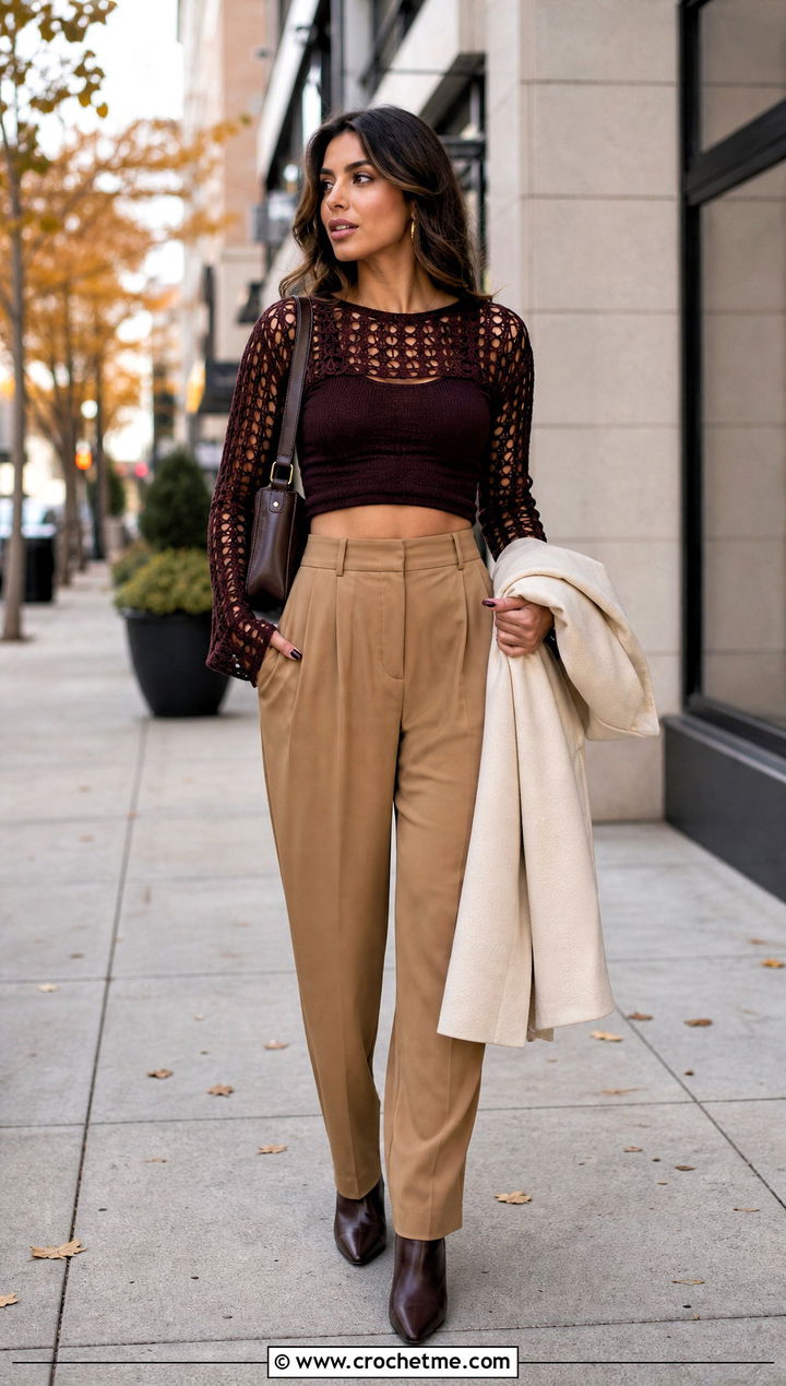Long Sleeve Crochet Crop Top With Pleated Trousers - 20 quick crochet crop top outfit ideas