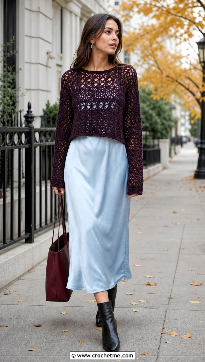 Long Sleeve Crochet Crop Top With Slip Dress - 20 Crochet For Crop Tops outfit ideas