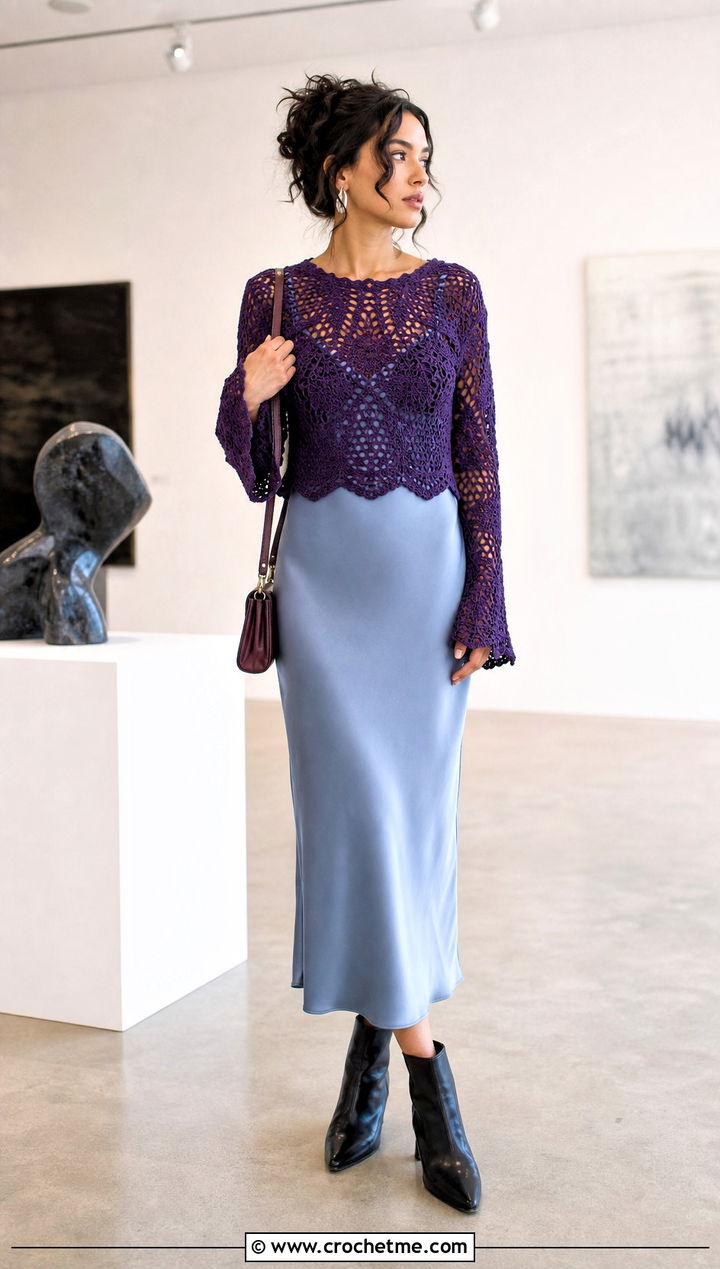 Long Sleeve Crochet Delilah Top With Slip Dress - 30 crochet delilah top outfit ideas