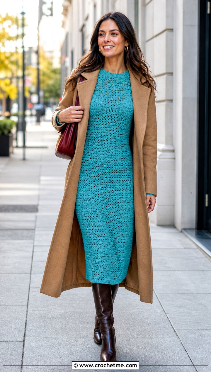 Long Sleeve Crochet Dress With Knee High Boots - 25 crochet a dress for women outfit ideas