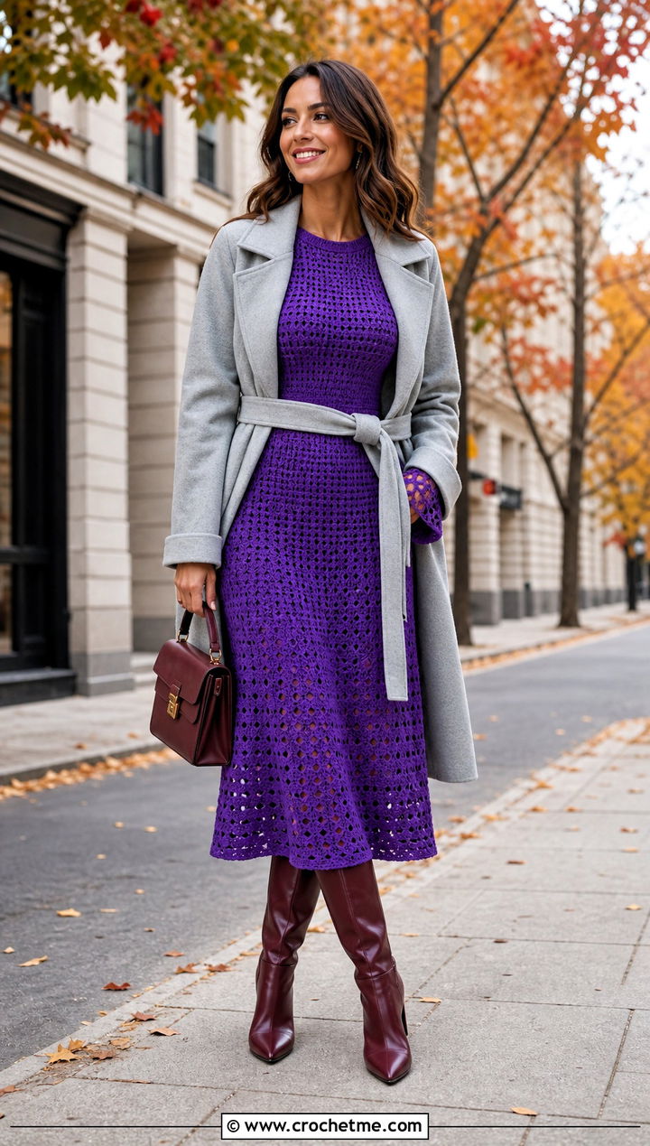Long Sleeve Crochet Dress With Knee High Boots - 30 crochet fancy dress outfit ideas