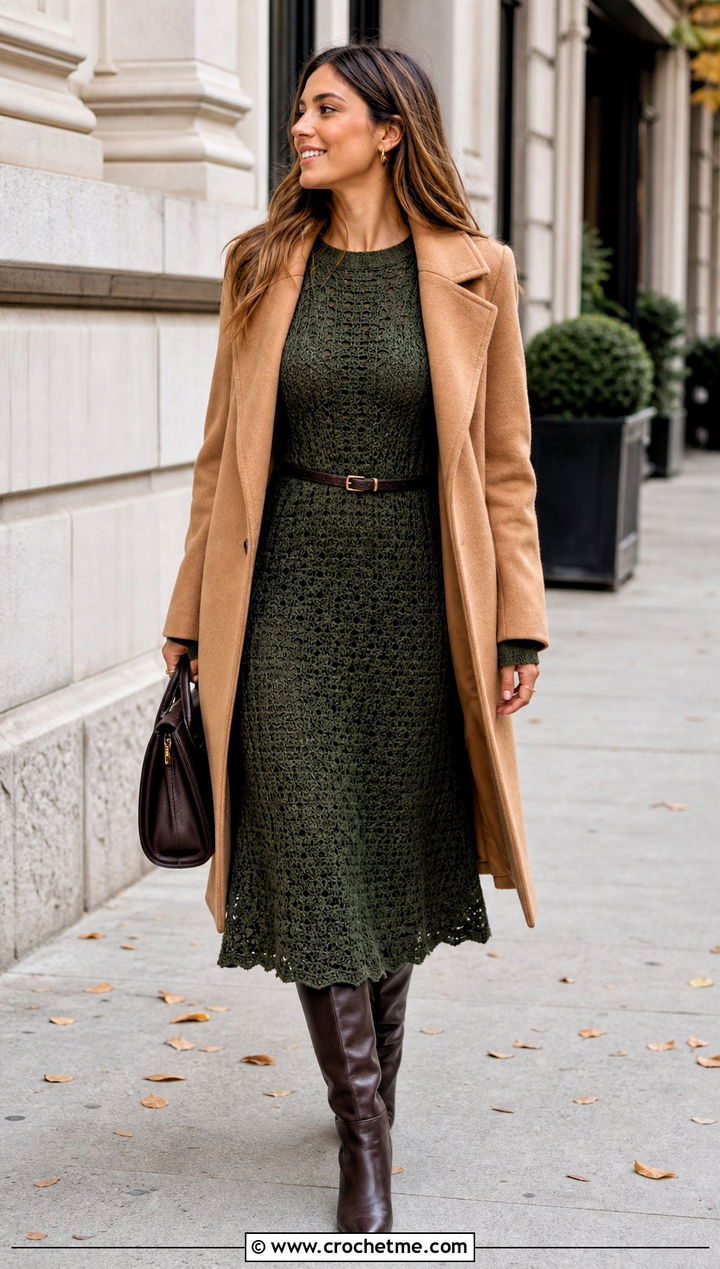 Long Sleeve Crochet Dress With Tall Boots - 30 fancy crochet dress outfit ideas
