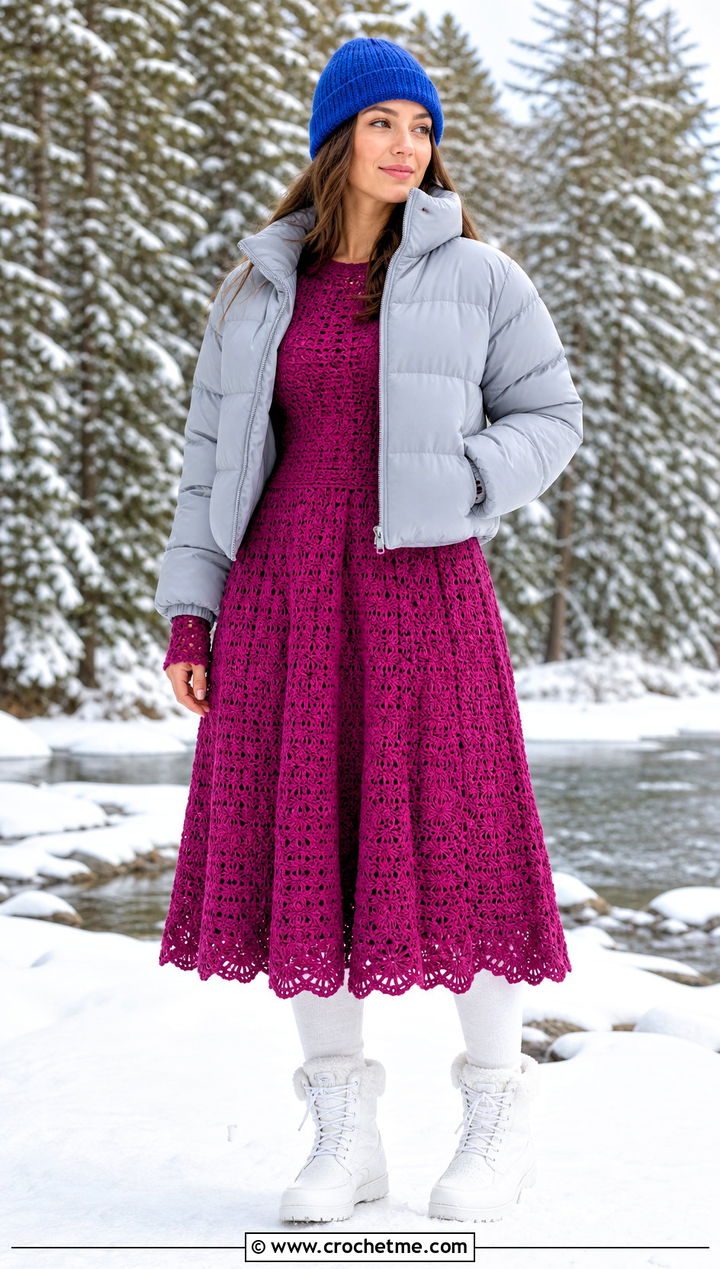 Long Sleeve Crochet Elsa Dress With Puffer Coat - 30 crochet elsa dress outfit ideas