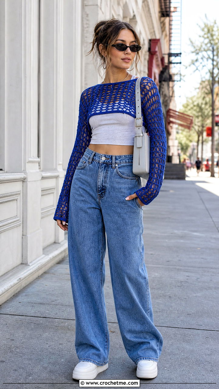 Long Sleeve Crochet Fishnet Crop Top With Wide Leg Jeans - 35 crochet fishnet top outfit ideas