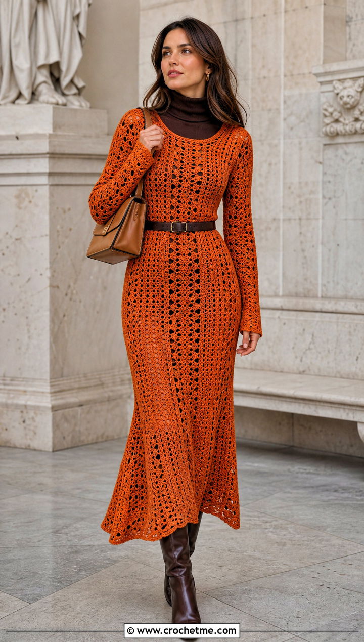 Long Sleeve Crochet Gown Dress With Knee High Boots - 25 Crochet Gown Dress outfit ideas