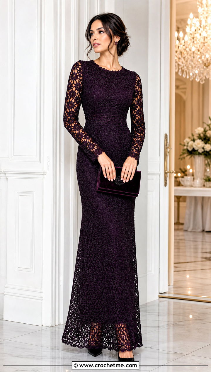 Long Sleeve Crochet Gown With Velvet Clutch - 35 Formal Crochet Dress outfit ideas