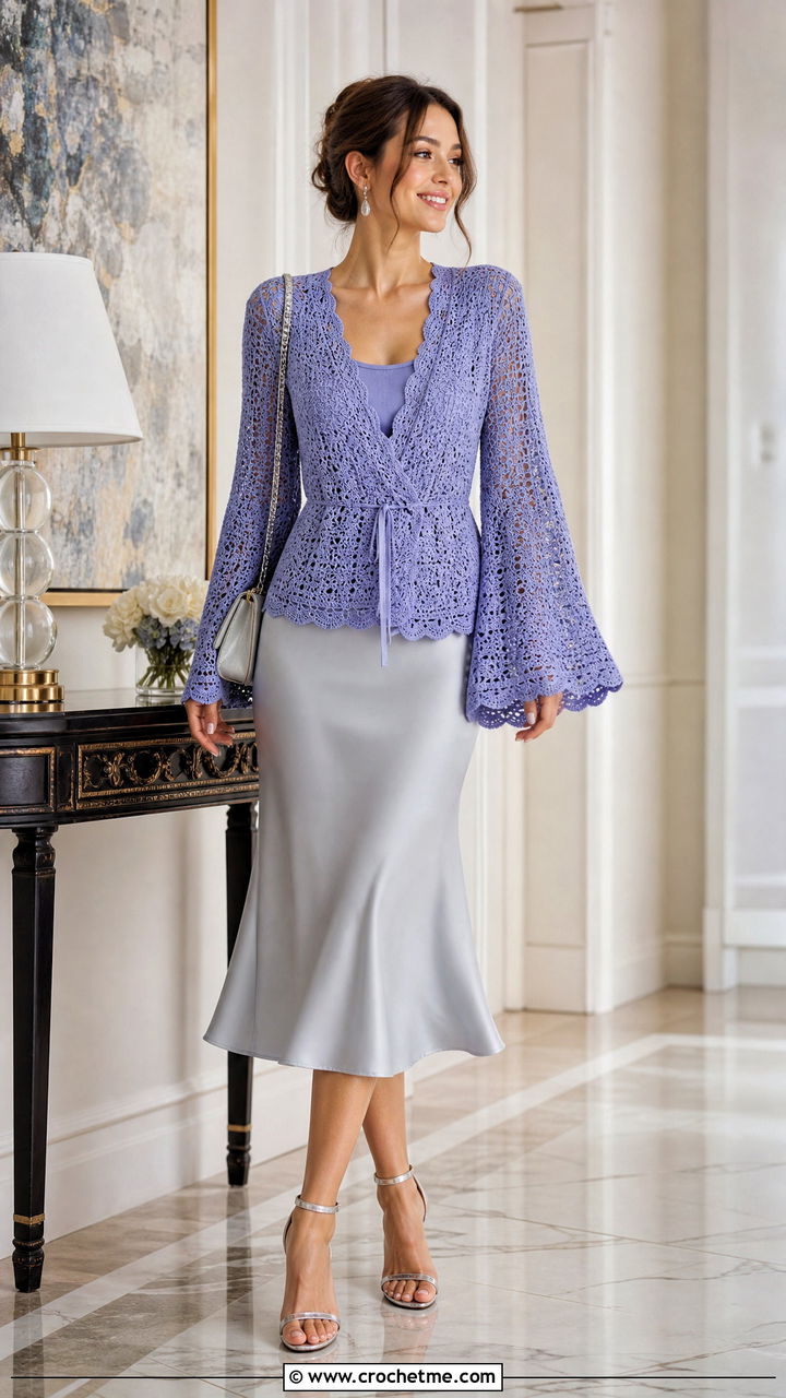 Long Sleeve Crochet Kimona Top With Bias Cut Skirt - 35 crochet filipiniana top outfit ideas