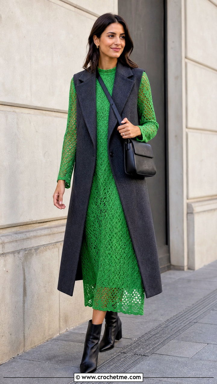 Long Sleeve Crochet Lace Dress With Ankle Boots - 35 Crochet Lace Dress outfit ideas