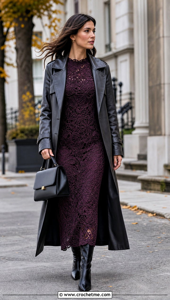 Long Sleeve Crochet Lace Dress With Leather Trench - 15 Etsy Crochet Dress outfit ideas