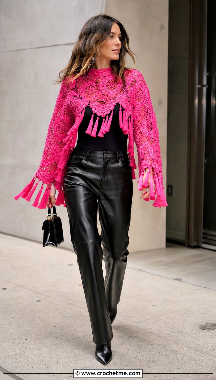 Long Sleeve Crochet Lace Top With Leather Pants - 15 Crochet Lace Top With Tassels outfit ideas