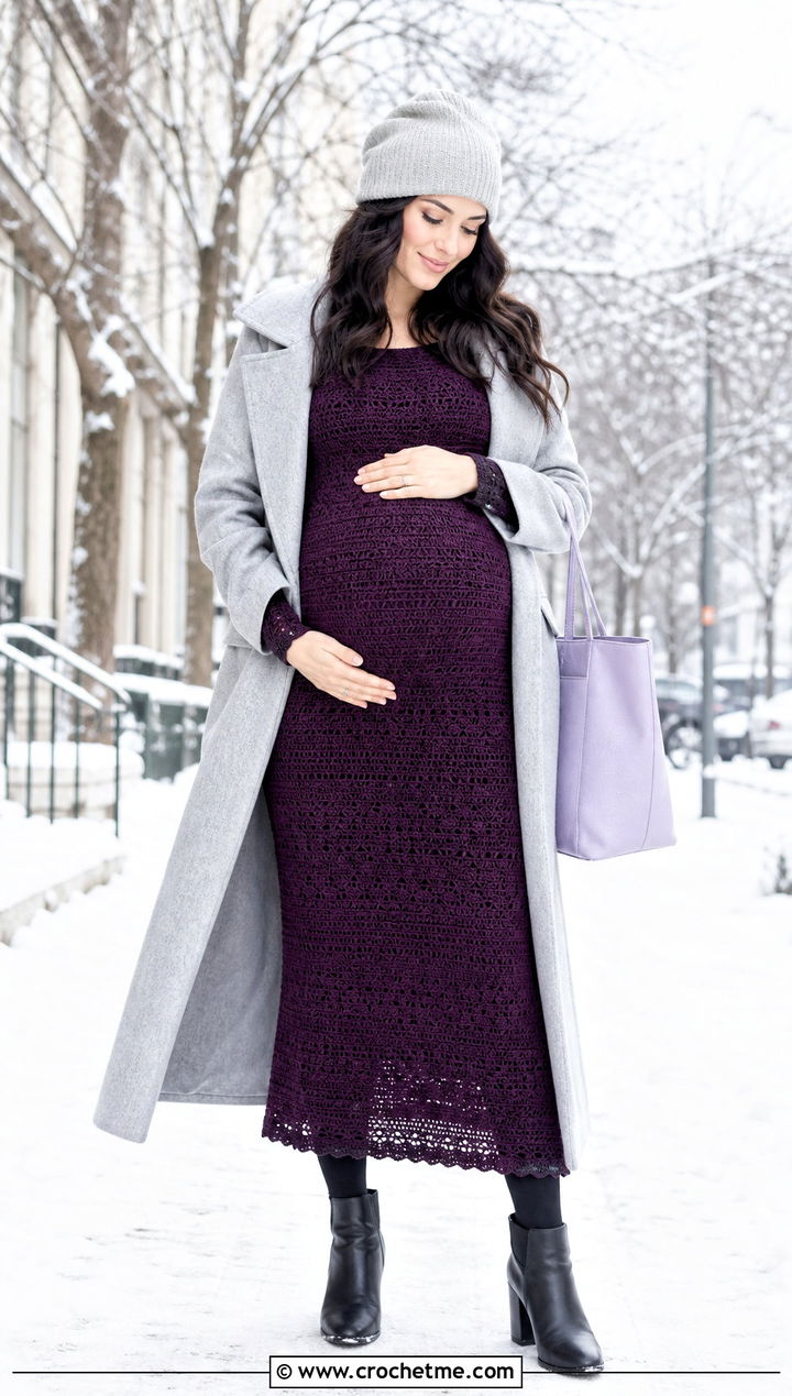 Long Sleeve Crochet Maternity Maxi Dress With Wool Coat - 25 crochet maternity dress outfit ideas