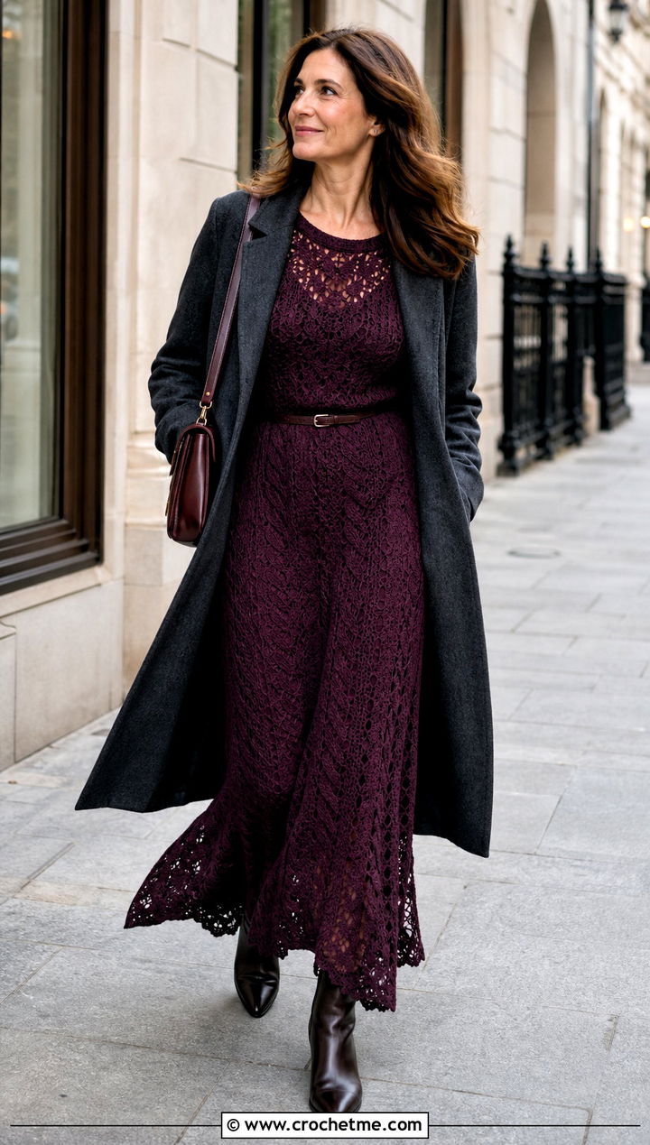 Long Sleeve Crochet Maxi Dress With Ankle Boots - 35 crochet long dress outfit ideas