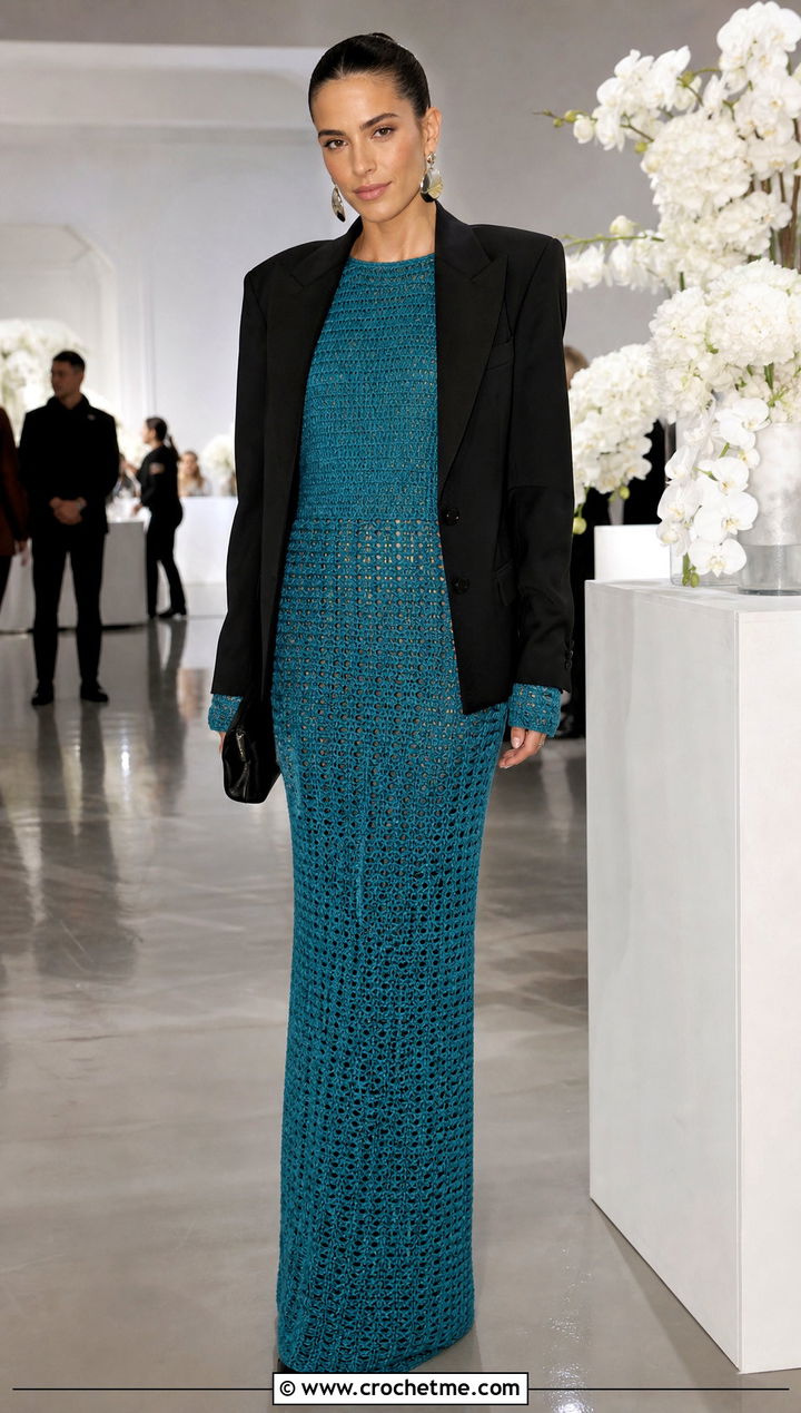 Long Sleeve Crochet Maxi Dress With Blazer - 30 crochet dress for winter outfit ideas