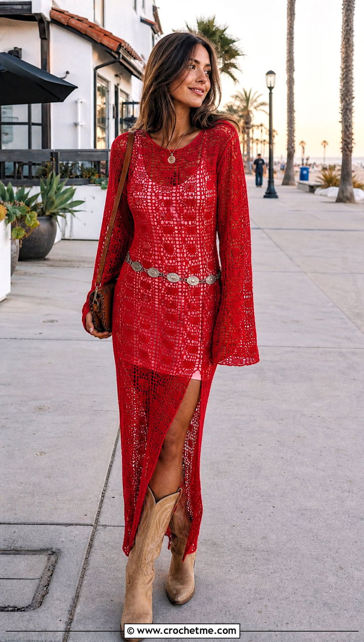 Long Sleeve Crochet Maxi Dress With Cowboy Boots - 30 crochet summer beach dresses outfit ideas