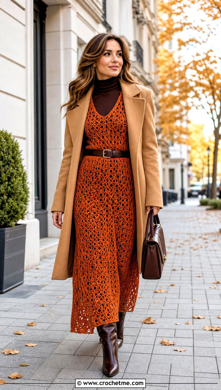 Long Sleeve Crochet Maxi Dress With Knee High Boots - 15 Spell Crochet Dress outfit ideas
