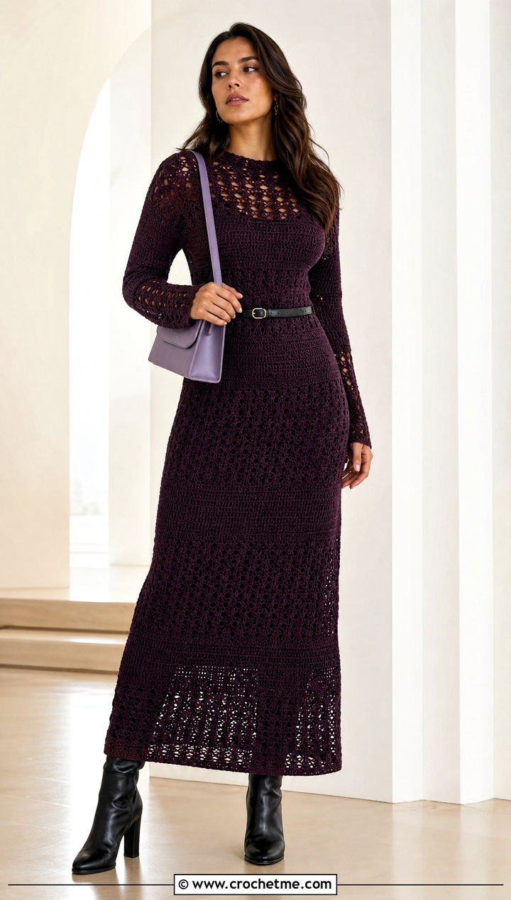 Long Sleeve Crochet Maxi Dress With Tall Boots - 35 Modest Crochet Outfit Ideas