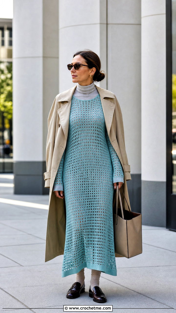 Long Sleeve Crochet Mesh Dress With Trench Coat - 35 crochet mesh dress outfit ideas