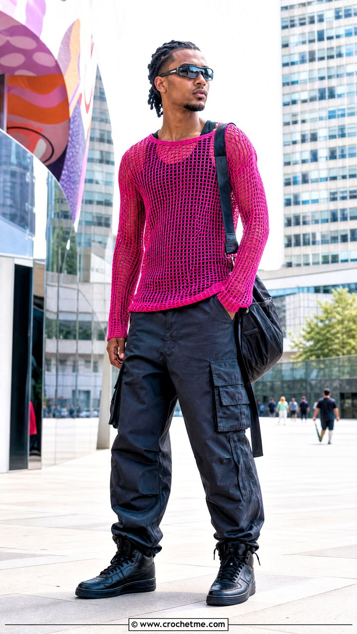 Long Sleeve Crochet Mesh Shirt With Cargo Pants - 35 mens crochet shirt outfit ideas
