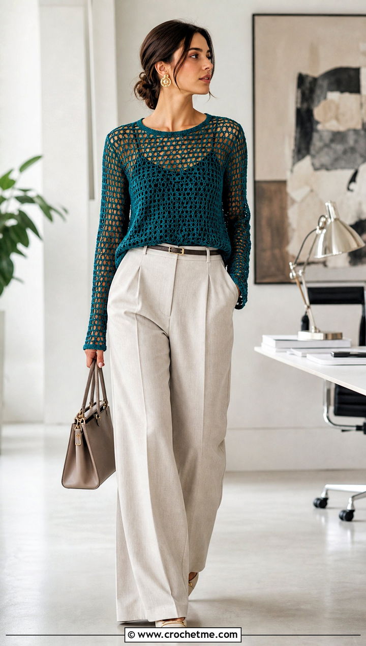 Long Sleeve Crochet Mesh Shirt With Wide Leg Trousers - 30 crochet mesh shirt outfit ideas