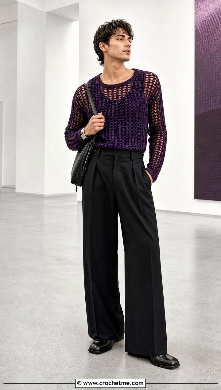 Long Sleeve Crochet Mesh Top With Black Trousers - 15 crochet tops for men outfit ideas