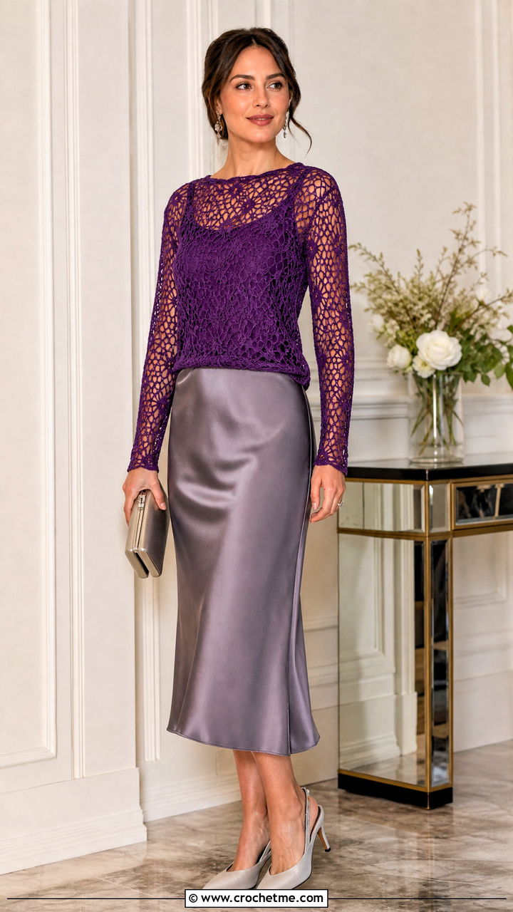 Long Sleeve Crochet Mesh Top With Satin Midi Skirt - 35 crochet mesh top outfit ideas