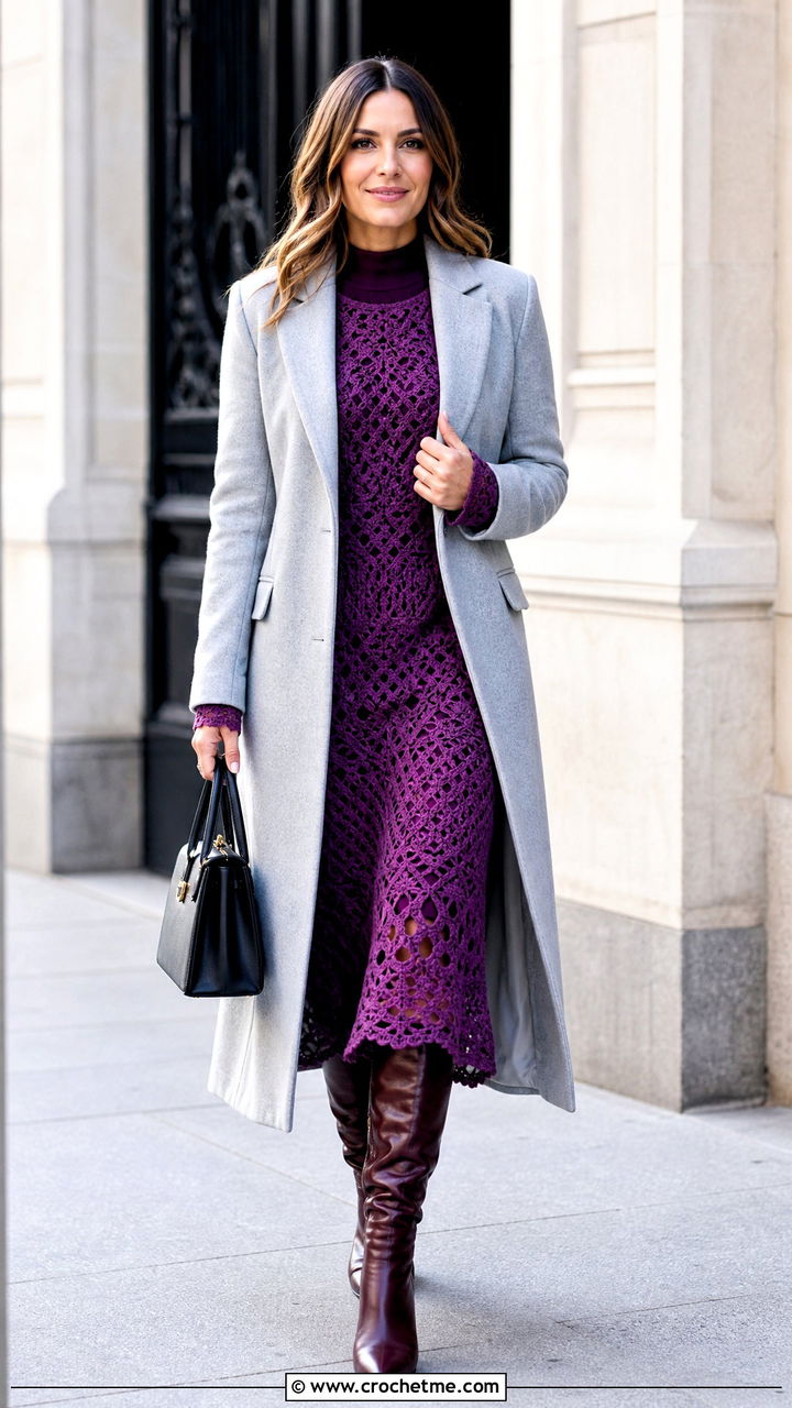 Long Sleeve Crochet Midi Dress With Knee High Boots - 35 easy crochet dress outfit ideas