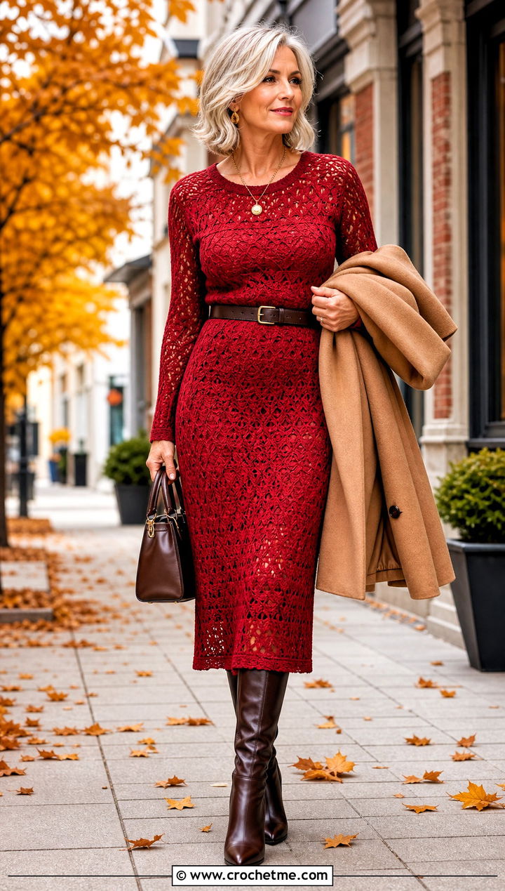 Long Sleeve Crochet Midi Dress With Knee High Boots - 30 crochet dresses ideas