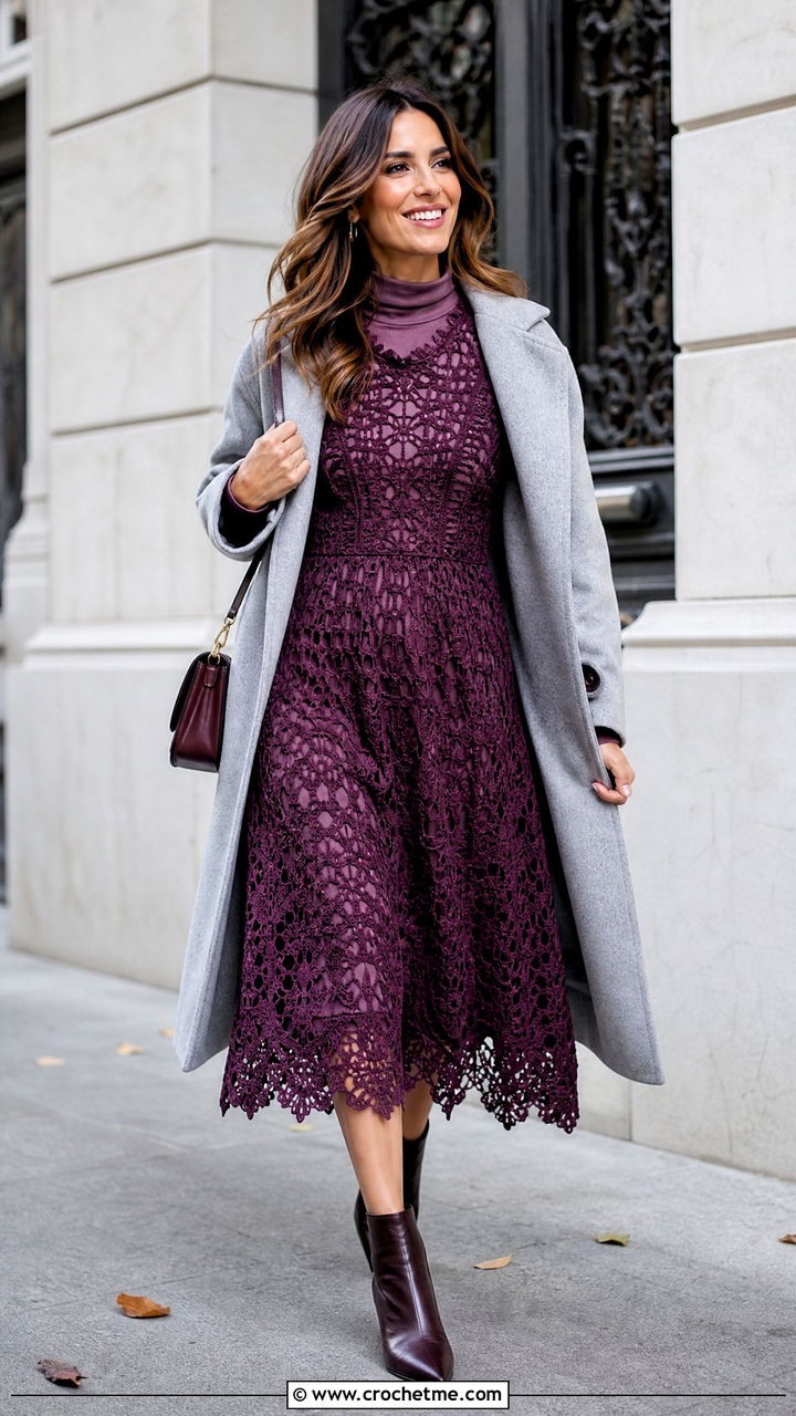 Long Sleeve Crochet Midi Frock With Ankle Boots - 35 Crochet Frocks For Women outfit ideas