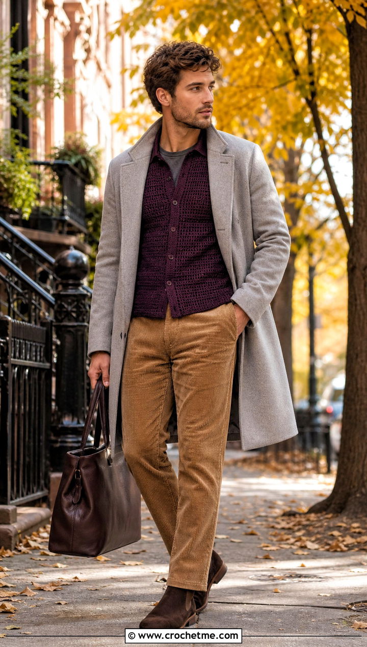 Long Sleeve Crochet Polo With Corduroy Trousers - 15 Mens Crochet Polo Shirt outfit ideas