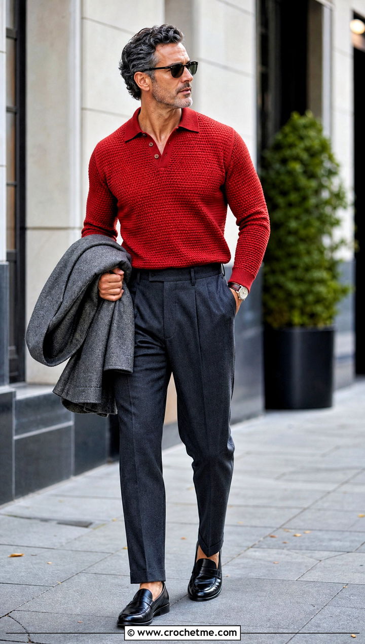 Long Sleeve Crochet Polo With Wool Trousers - 30 men crochet top outfit ideas