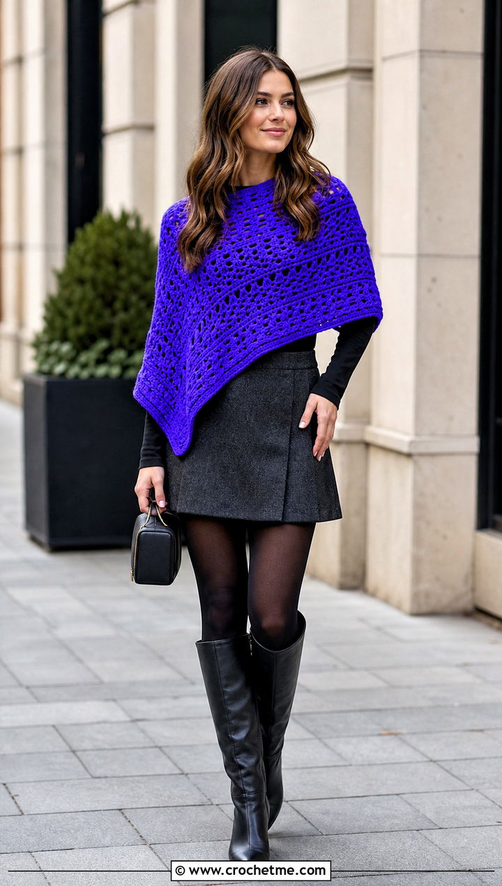Long Sleeve Crochet Poncho Top With a Mini Skirt - 25 Crochet Poncho Top outfit ideas