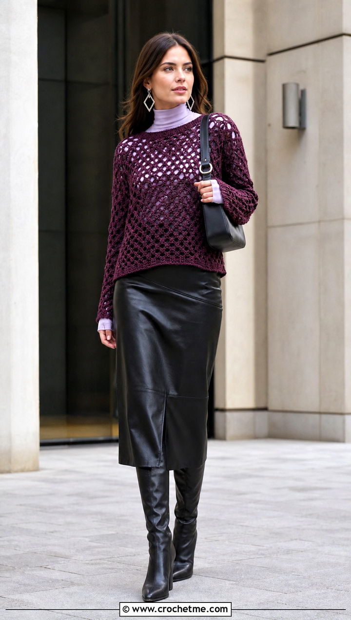 Long Sleeve Crochet Pullover With Leather Midi Skirt - 15 crochet top with openwork outfit ideas