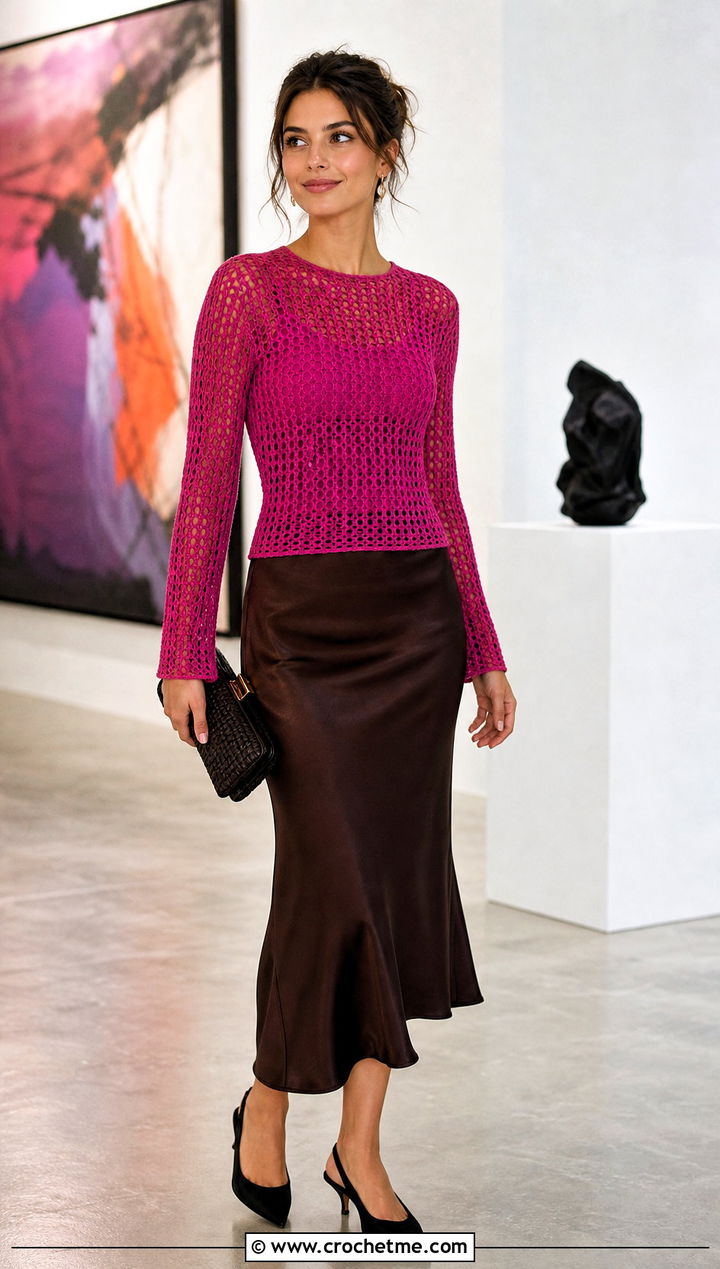 Long Sleeve Crochet Raglan Mesh Top With Satin Midi Skirt - 25 Crochet Raglan Mesh Top outfit ideas