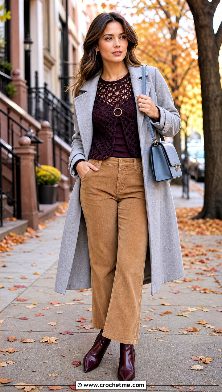 Long Sleeve Crochet Ring Top With Corduroy Pants - 25 Crochet Top With Ring In The Middle outfit ideas